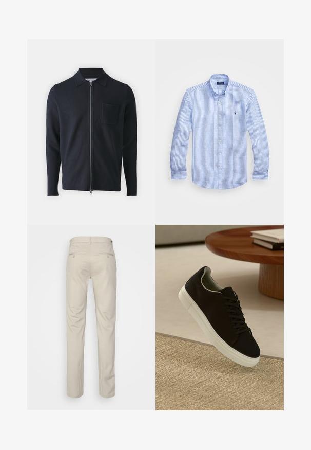 Jūras spēku zip-up džemperis ar apkakles izgriezumu, garām piedurknēm un krūšu kabatu. Izgatavots no mīksta auduma ar gludu faktūru.; Zila un baltā svītru garām piedurknēm krekls izgatavots no kokvilnas, ar pogājamu apkakli, priekšējām pogām un nelielu izšūtu logotipu uz krūtīm.; Bežīgas bikses ar gludu tekstūru, taisnas kājas, divas aizmugurējās kabatas ar pogām un standarta jostas vietu.; Melni sporta apavi ar baltu zoli, kas peld virs bēša tekstūrēta paklāja netālu no apaļa koka galda ar sakrautiem grāmatām.