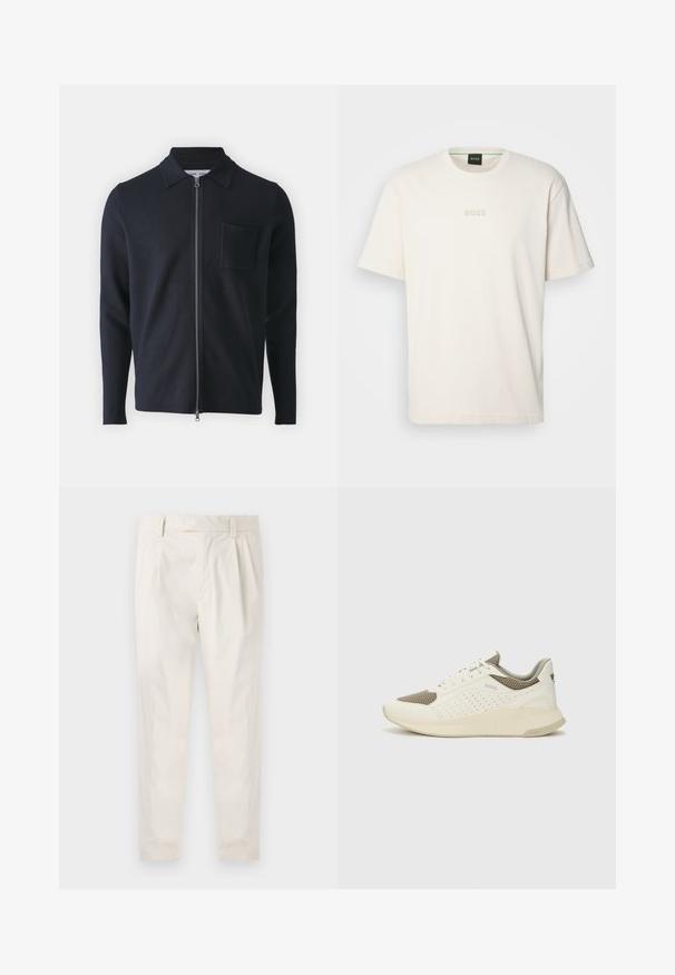 Mornarska zip-jakna sa ovratnikom, dugim rukavima i džepom na prsima. Izrađena od mekanog materijala s glatkom teksturom.; BOSS TEE - Osnovna majica kratkih rukava - open white; Bijele, naborane hlače s krojem po mjeri, koje imaju glatku teksturu, petlje za pojas i sužene nogavice. Nema vidljivih džepova ili uzoraka.; Bijele i svijetlosmeđe sportske tenisice, sa mrežastim gornjim dijelom, perforiranim detaljima i teksturiranim međutrakom sa brendom na peti.