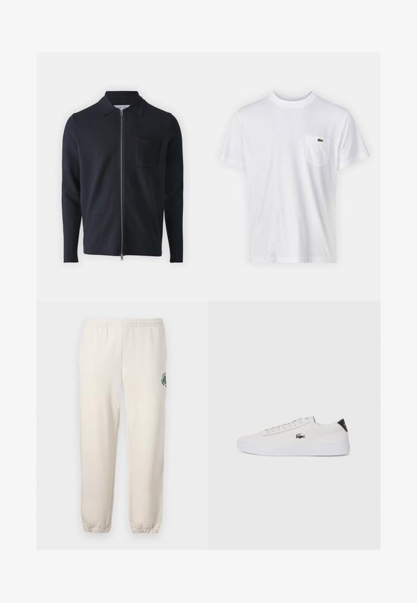 Mornarsko jopico z zadrgo, ki ima ovratnik, dolge rokave in žep na prsih. Narejena je iz mehkega blaga z gladko teksturo.; Bela bombažna majica s krožno ovratnikom in kratkimi rokavi. Ima žep na levi strani prsi in majhen zeleni logo Lacoste.; Svetlo bež trenirke iz bombaža, z elastičnim pasom, rebrastimi zaključki in zelenim logotipom z motivom lista na levi nogi.; Bela usnjena tenisa s okroglo sapo, vezavi na sprednji strani in črnim poudarkom na peti. Ima majhen izšit kroko logo na strani.