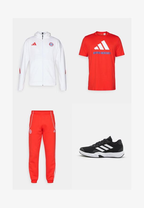 Balta pievilkšanas jaka ar sarkaniem akcentiem, kurai ir izšūta emblēma uz krūtīm un Adidas trīs svītru emblēma uz pleciem.; Sarkans kokvilnas T-krekls ar baltu trīs svītru logo un zilo uzrakstu "BAYERN MÜNCHEN". Ar apaļu kakla izgriezumu un īsām piedurknēm, vienkāršs dizains.; Sarkani sporta bikses ar elastīgu jostasvietu, baltām sānu svītrām un logotipa detaļām uz gurniem un apakšējām kājām. Izgatavotas no mīkstas auduma ar ribotām aprocēm.; Melnas sporta kurpes ar teksturētu acu augšdaļu, baltām akcentu svītrām, mīkstu zoli un pastiprinātu papēdi atbalstam.
