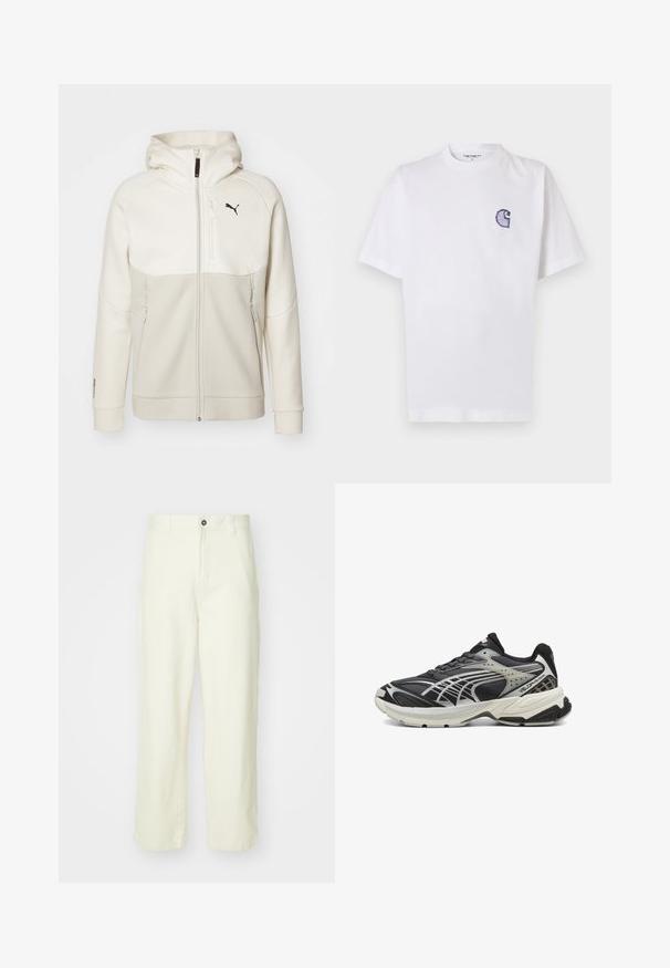 Kerge beež kapuutsiga zip-up jakkt, millel on kreemilised paneelid, kõrge krae, kaks luku-taskut ja must logo rinnal.; Valge puuvillane t-särk lühikeste varrukatega, ümara kaelusega ja vasakul rinnal väike tikitud sinine "C" logo.; Heledad kollased puuvillased püksid sirge lõikega, millel on ees nööpidega sulgus, vööpaelad ja puhas, minimalistlik disain.; Must värvi spordijalats, millel on võrkkangas ja sünteetilised lisandid, sealhulgas pehme kaelus, tekstuuriga tald ja hõbedased aktsendid voolujoonelises disainis.