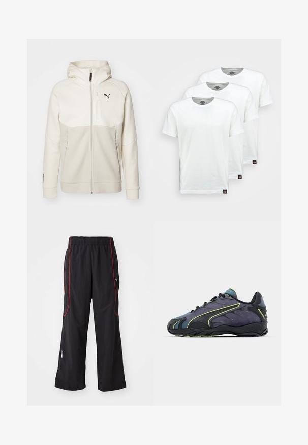 Light beige zip-up hoodie with a hood, designed with cream panels, high collar, two zippered pockets, and a black logo on the chest.; Three plain white cotton t-shirts with short sleeves. Each shirt features a round neckline and a small black logo tag on the left side.; Black athletic pants with an elastic waist, red side piping, zippered pockets, and a loose fit. Made of lightweight, textured material.; Black and purple athletic shoes with a textured upper, green accent lines, and a rubber sole featuring a wavy design. Laced closure.