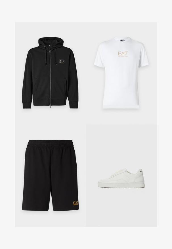 Μαύρο φούτερ με φερμουάρ, μπροστινές τσέπες, κουκούλα με κορδόνι και μικρή χρυσή ετικέτα λογότυπου Armani Exchange στην αριστερή πλευρά του στήθους.; Λευκό βαμβακερό t-shirt με στρογγυλή λαιμόκοψη και κοντά μανίκια, με χρυσό λογότυπο EA7 Emporio Armani τυπωμένο μπροστά.; Μαύρες αθλητικές βερμούδες από μαλακό ύφασμα, με ελαστική μέση και μικρό λογότυπο EA7 στο κάτω αριστερό πόδι.; Λευκό δερμάτινο sneakers με λείο φινίρισμα, στρογγυλή μύτη, επίπεδα κορδόνια και υφή στην σόλα. Φέρει μια διακριτική λογότυπο στη φτέρνα.