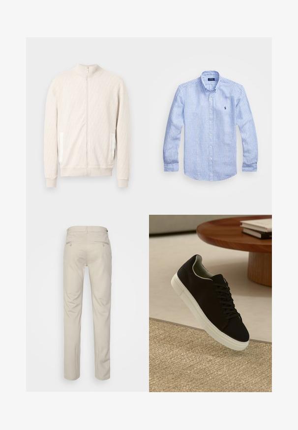 Lys beige jakke med glidelås og høy hals, med et teksturert diamantmønster, ribbestrikkede mansjetter og to sidelommer med hvite detaljer.; Blå og hvit stripete langermet skjorte laget av bomull, med knappekrage, frontknapper og en liten brodert logo på brystet.; Beige bukser med en glat tekstur, lige snit, to baglommer med knapper og en standard talje.; Svart sneakers med hvit såle som svever over en beige teksturert teppe nær et rundt trebord med stablede bøker.