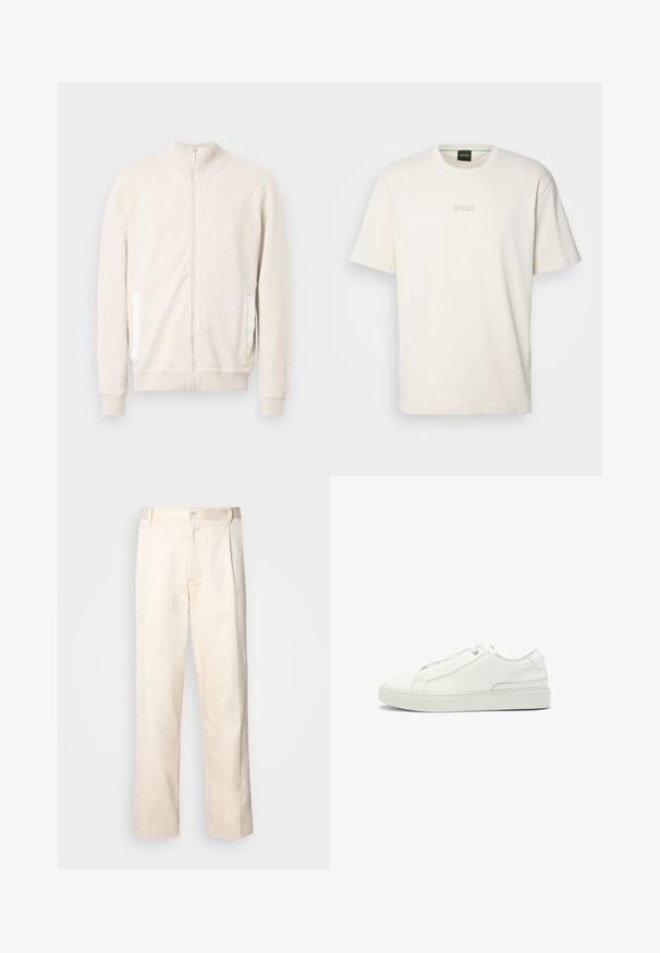 Ljusbeige zip-up jacka med mockakrage, som har ett strukturerat diamantmönster, ribbade muddar och två sidofickor med vita detaljer.; BOSS TEE - T-shirt - bas - open white; Beiga bomullbyxor med rak benform, utrustade med knappstängning och veck framtill för extra detalj.; Vita lädersneaker med en texturerad ovandel, rund tå, minimalistisk design och en gummisula med sömdetaljer.