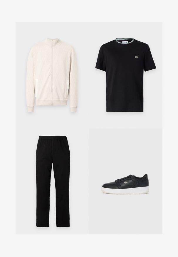 Šviesiai smėlio spalvos užsegama su užtrauktuku striukė su imitacine aukšta apykakle, tekstūruotu deimanto raštu, ribinėmis rankogalių detalėmis ir dviem šoninėmis kišenėmis baltomis akcentais.; Juodas medvilnės marškinėliai su apvalia iškirpte, su baltomis ir žaliomis juostelėmis, ir išsiuvinėtu žaliu krokodilo logotipu kairiajame krūtinės šone.; Juodi kelnės, pagamintos iš medvilnės mišinio, su tiesiomis kirpimo linijomis, elastingu liemeniu su mygtuku ir be aiškių raštų ar akcentų.; Juodas odinis sportinis batelis su baltu padu, suapvalintu nosiu, raišteliais prisirišimu ir subtiliu logotipu šone. Textūruotas viršus.