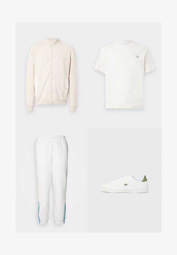 Šviesiai smėlio spalvos užsegama su užtrauktuku striukė su imitacine aukšta apykakle, tekstūruotu deimanto raštu, ribinėmis rankogalių detalėmis ir dviem šoninėmis kišenėmis baltomis akcentais.; Balta medvilninė marškinėliai trumpomis rankovėmis, su subtiliu išsiuvinėtu logotipu ir minimalistišku dizainu. Minkšta tekstūra, apvalus kaklas.; Baltos sportinės kelnės su elastingu juosmeniu, su žaliomis ir mėlynomis šoninėmis juostelėmis. Minkšta medžiaga su siaurėjančiu kulkšnių dizainu.; Baltos sportiniai bateliai su lygaus paviršiaus tekstūra, kuriuose yra žalias akcentas kulne ir mažas siuvinėtas krokodilo logotipas šone.