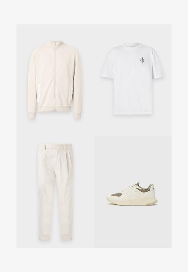 Lichtbeige jas met rits en een opstaande kraag, voorzien van een getextureerd diamantpatroon, geribbelde manchetten en twee zijzakken met witte accenten.; Witte katoenen t-shirt met een ontspannen pasvorm, voorzien van een klein zwart graphic logo op de linkerkant van de borst. Korte mouwen, ronde hals.; Witte, geplooide broeken met een getailleerde pasvorm, met een gladde textuur, riemlussen en taps toelopende benen. Geen zichtbare zakken of patronen.; Witte en lichtbeige sport sneaker, met een bovenwerk van mesh, geperforeerde details en een gestructureerde tussenzool met branding op de hiel.
