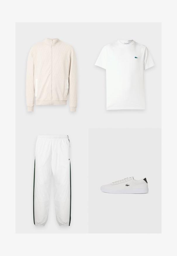 Helebeežidest lukuga jope kõrge kaelusega, millel on tekstuuriga teemantmuster, soonilised mansetid ja kaks küljetaskut valgete detailidega.; Valge puuvillane T-särk, millel on ümar kaelus, lühikesed varrukad ja väike rohelise tikandiga krokodillilogo vasakul rinnal.; Valged sportpüksid tumeroheline külgpanelitega. Kerge materjal, elastne vöökoht ja mansetid. Külgpanelitel on võrkmuster.; Valge nahast tenniseking ümara ninaga, lukkude ja musta kontsa aktsendiga. Külgedel on väike broderi krokodilli logo.