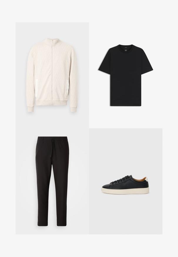 Hellbeige Reißverschlussjacke mit Stehkragen, verfügt über ein strukturiertes Diamantmuster, gerippte Bündchen und zwei Seitentaschen mit weißen Akzenten.; Schwarz T-Shirt mit kurzen Ärmeln aus einem glatten Baumwollmix, mit Rundhalsausschnitt und einem minimalistischen Design ohne Muster oder Akzente.; Schwarze Jogginghose aus glattem Stoff. Mit einem elastischen Bund und Kordelzug, schmal zulaufenden Beinen und ohne sichtbare Taschen. Einfaches Design.; Schwarze Ledersneaker mit glatter Textur, beiger Gummisohle, Schnürdesign und einem kontrastierenden Fersenakzent.