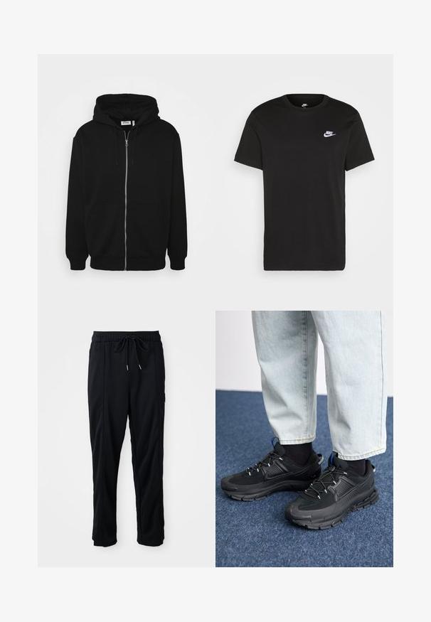 Zwarte ritshoodie met een trekkoord capuchon, voorzakken, geribbelde manchetten en een soepele stoftextuur. Centraal merketiket zichtbaar aan de binnenkant.; Zwart katoen T-shirt met korte mouwen, ronde hals en een klein wit Nike-logo op de bovenste linkerborst. Gladde textuur. Klassieke pasvorm.; Zwarte casual broek met koord in de taille, met zijzakken en rechte pijpen op een effen achtergrond.; Zwarte sportschoenen met gestructureerde stof en rubberen zolen, met elastische veters en een blauwe accent op de hiel. Draag samen met lichte spijkerbroeken.