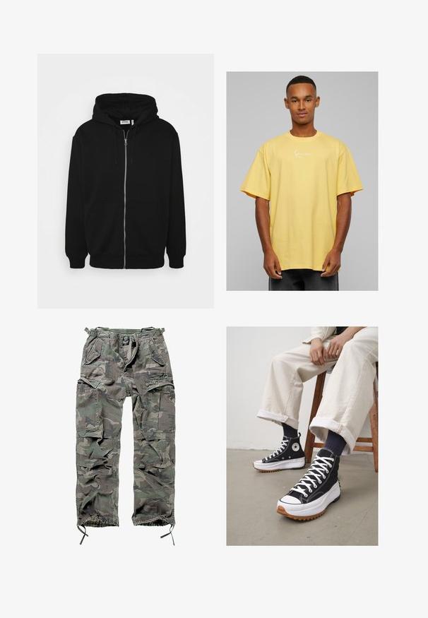 Haut à capuche zippé noir avec un cordon de serrage, poches avant, poignets côtelés et une texture de tissu lisse. Étiquette de marque centrale visible à l'intérieur.; T-shirt surdimensionné en coton jaune avec des manches courtes, arborant un logo signature blanc sur le devant et un col rond.; Pantalons cargo camouflage en vert et gris, avec plusieurs poches, une taille élastique, des poignets de cheville ajustables et une coupe décontractée.; Baskets montantes noires avec lacets blancs et embout en caoutchouc. Semelle blanche épaisse avec une semelle extérieure marron texturée, portées avec des chaussettes rayées bleu marine.