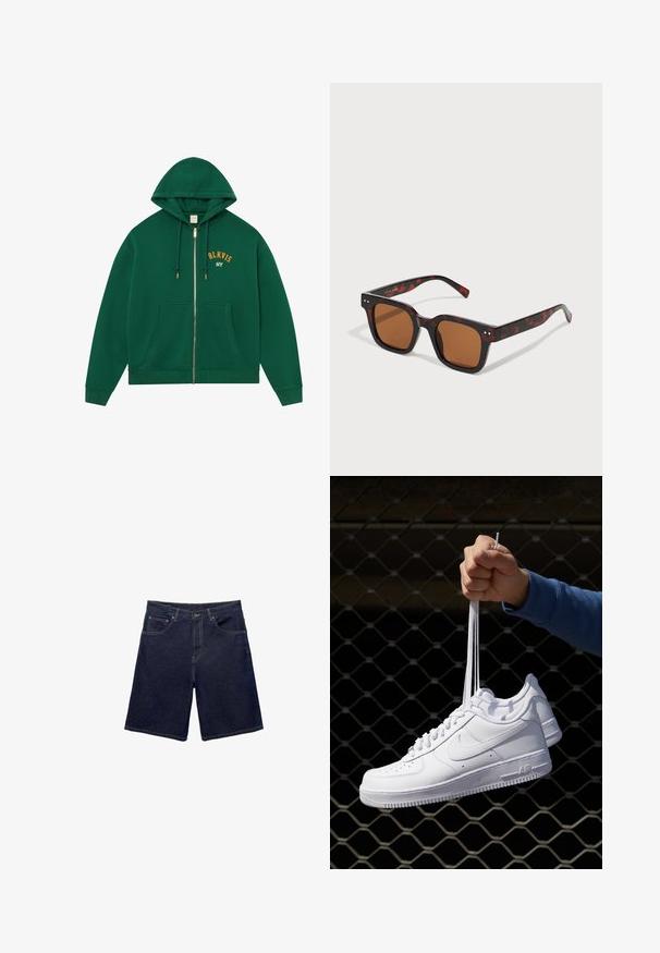 Felpa verde con zip, dotata di una grande tasca frontale, polsini e orlo a costine; presenta la scritta ricamata "BLKVIS NY" in arancione sul petto.; Camicia a maniche corte con bottoni, a righe verticali blu e bianche, colletto a punta e un piccolo logo sul petto. Tessuto leggero.; Shorts in denim di un blu scuro, caratterizzati da un taglio classico, design a cinque tasche e cuciture a contrasto. Tessuto liscio con una cintura robusta.; Sneakers in pelle bianca con perforazioni, punta rotonda, suola piatta e lacci spessi, con logo swoosh visibile e "AIR" sul tallone.; Occhiali da sole tartarugati con una montatura quadrata spessa, lenti marroni e sottili accenti argentati sulle tempie. Texture in plastica liscia.
