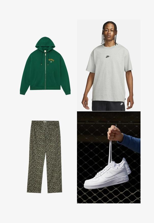 Sudadera con cremallera verde, con un gran bolsillo frontal, puños y dobladillo acanalados; presenta el texto bordado "BLKVIS NY" en naranja en el pecho.; Joven con cabello trenzado que lleva una camiseta Nike gris claro y pantalones cortos Nike negros frente a un fondo blanco liso.; Pantalones de estampado de leopardo en verde oliva, hechos de una tela suave, con una cinturilla elástica y cierre de cordón para un ajuste ajustable.; Zapatillas de cuero blanco con perforaciones, punta redonda, suela plana y cordones gruesos, con un logo de swoosh visible y "AIR" en el talón.