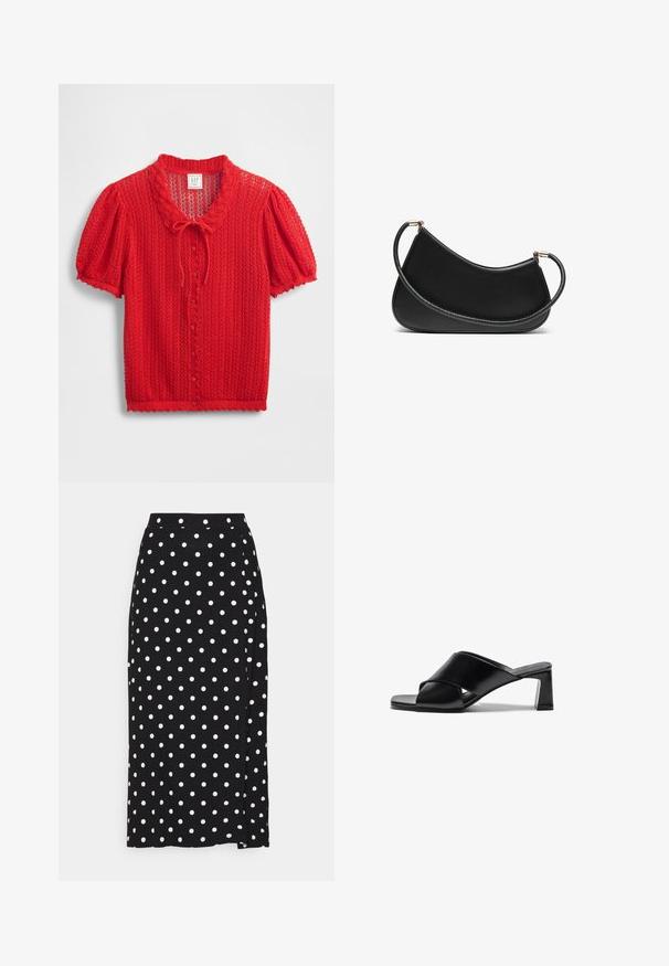 Cardigan roșu cu mâneci scurte, tricotat, cu guler ondulat, închidere cu panglică și nasturi pe față. Model texturat pe întreaga suprafață.; Două bralette din bumbac: unul în bej deschis și altul în negru, cu bretele subțiri și un design cu decolteu în V. Etichetele sunt vizibile în interior.; Fustă neagră cu buline albe, confecționată dintr-un material moale. Prezintă o croială dreaptă și un slit la baza fustei pentru un confort sporit în mișcare.; Sandale cu toc din piele neagră, având un design cu barete încrucișate, vârf pătrat și toc bloc. Textură netedă, cu detalii minime.; Geantă de umăr din piele neagră cu un design curbat, având o curea texturată și accesorii aurii la închiderea de sus. Finish neted.