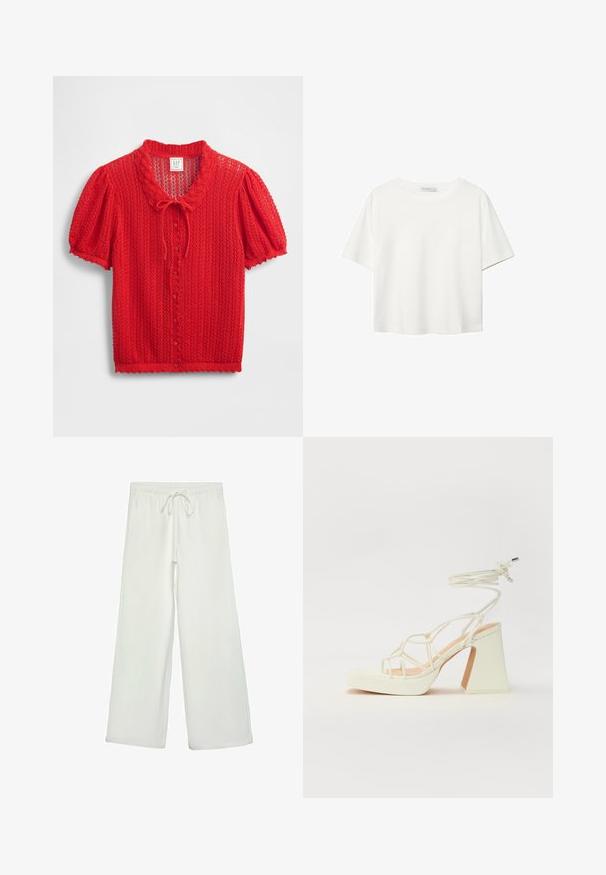 Cardigan rouge tricoté à manches courtes avec un col festonné, une fermeture à nouer et un devant boutonné. Motif texturé sur l'ensemble.; T-shirt blanc à manches courtes en coton. Doté d'un col ras du cou et d'une coupe décontractée. Texture lisse sans motifs ni accents visibles.; Pantalons larges blancs en tissu doux. Dotés d'une taille élastique avec cordon de serrage et d'une texture lisse. Aucuns motifs visibles ni éléments en métal.; Sandale blanche à talons hauts avec un talon épais, présentant un design à lanières et un lien autour de la cheville. Texture lisse avec une plateforme à l'avant pour une hauteur supplémentaire.