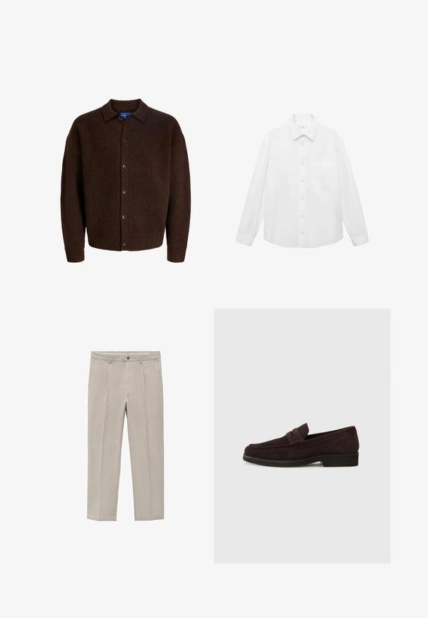 Brun strikket cardigan med en tekstureret overflade, knaplukning og spredt krave. Fremstillet af et blødt, uldagtigt materiale.; Mango ANTARES - Skjorter - white; Lys beige bukser lavet af en bomuldsblanding, med et lige ben-design, frontfald, en knaplukning og sidelommer.; Brune ruskinds loafers med lav profil og rund tå. Har en dekorativ rem over det øverste, flad gummisål og ingen synlig syning.