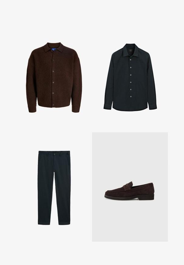 Brun strikket cardigan med en tekstureret overflade, knaplukning og spredt krave. Fremstillet af et blødt, uldagtigt materiale.; Sort langærmet skjorte med knaplukning og krave, syv knapper ned foran og manchetter, vist på hvid baggrund.; Mørke navy chinos lavet af bomuldsblandingsstof, med flad front, to sidelommer og en enkelt baglomme. Klassisk design med lige ben.; Brune ruskinds loafers med lav profil og rund tå. Har en dekorativ rem over det øverste, flad gummisål og ingen synlig syning.