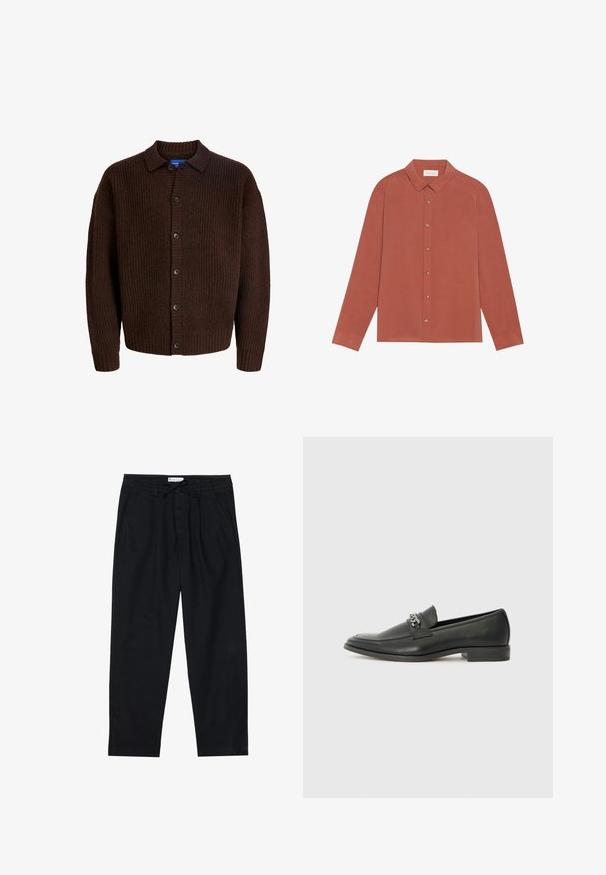 Cardigan marrone lavorato a maglia con superficie testurizzata, chiusura a bottoni e colletto aperto. Realizzato in un materiale morbido simile alla lana.; Camicetta a maniche lunghe color ruggine con colletto, chiusura con bottoni e polsini piatti. Texture liscia e linee pulite; senza motivi o decorazioni.; Pier One Chino - black; Mocassino in pelle nera con finitura liscia, caratterizzato da un design cucito e da un accento decorativo in catena metallica sul vamp. Tacco piatto.