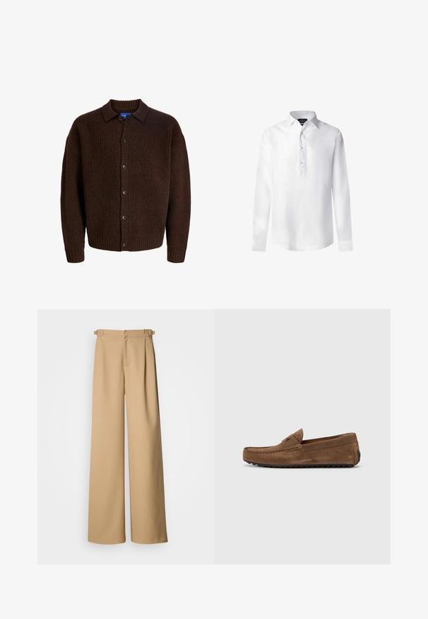 Cardigan marrone lavorato a maglia con superficie testurizzata, chiusura a bottoni e colletto aperto. Realizzato in un materiale morbido simile alla lana.; Camicia bianca a maniche lunghe realizzata in tessuto leggero, dotata di patta di bottoni e colletto a punta. Design minimalista senza motivi o accenti.; Pantaloni beige a gamba larga con vita alta, davanti plissettato e passanti per cintura. Realizzati in tessuto liscio con un design pulito e minimal.; Hackett London DRIVER - Mocassini - toffee brown