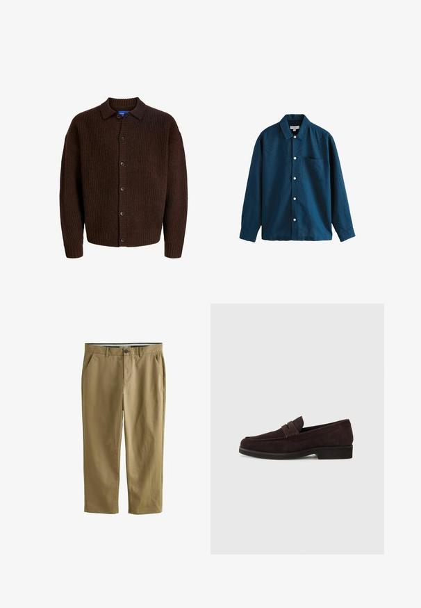 Cardigan marrone lavorato a maglia con superficie testurizzata, chiusura a bottoni e colletto aperto. Realizzato in un materiale morbido simile alla lana.; Camicia button-up azzurra a maniche lunghe con colletto classico, taschino sul petto e bottoni bianchi. Tessuto morbido con una leggera lucentezza.; Chino color khaki realizzati in cotone misto, dotati di due tasche laterali, chiusura con bottone, gambe dritte e una texture liscia.; Mocassini in suede marrone con profilo basso e punta arrotondata. Presentano una fascia decorativa sulla parte superiore, suola piatta in gomma e nessuna cucitura visibile.