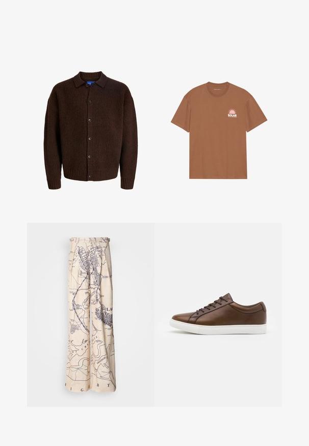 Brown knitted cardigan featuring a textured surface, button closure, and a spread collar. Made from a soft, wool-like material.; Brown short-sleeve t-shirt made of cotton, featuring a pink sun graphic and "SOLAR" text on the left chest. Crew neck design.; Wide-legged pants featuring a map print in navy on a beige background, with pleated detailing at the waist and a relaxed fit.; Brown leather sneakers with a rounded toe, white rubber sole, and five lace-up eyelets. Features subtle branding on the heel.