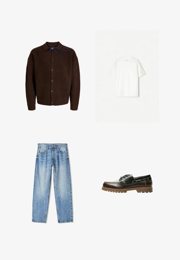 Smeđa pletena jakna s teksturiranom površinom, kopčanjem na dugmad i raširenim ovratnikom. Izrađena od mekog materijala sličnog vuni.; Bijela majica kratkih rukava napravljena od mekog pamuka. Dizajn s okruglim izrezom i opuštenim krojem bez vidljivih logotipa ili uzoraka.; Svijetloplave traperice s opuštenim krojem, ravnim nogavicama, pet džepova i izblijedjelim uzorkom. Uključuju prednje kopčanje na gumb i zatvarač.; Smeđe i crne kožne cipele za čamce s vezicama, kontrastnim šavovima i teksturiranim gumenim potplatom. Imaju metalne obrube za vezice i zaobljeni vrh.