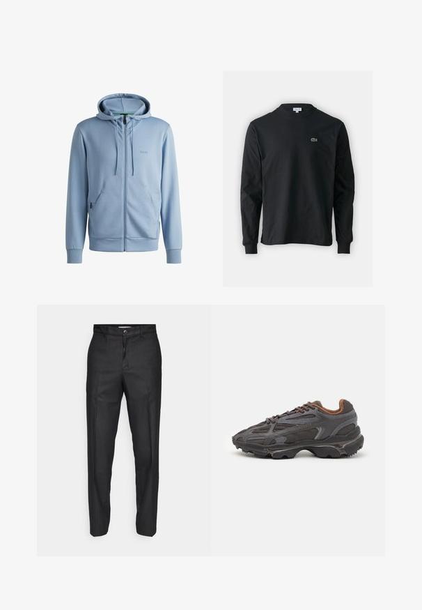 Felpa con zip blu chiaro, dotata di cappuccio con cordino, due tasche laterali, polsini e orlo a costine, con logo tono su tono sul petto. Tessuto morbido.; T-shirt a maniche lunghe nera in cotone, con scollatura rotonda e un piccolo logo di coccodrillo ricamato in verde sul lato sinistro del petto.; Pantaloni neri realizzati in un tessuto liscio, con chiusura frontale con bottone, gamba dritta e senza tasche visibili o motivi.; Sneaker Lacoste grigie scure in materiale mesh e sintetico, con suola testurizzata e dettagli marroni sul colletto e sul branding.