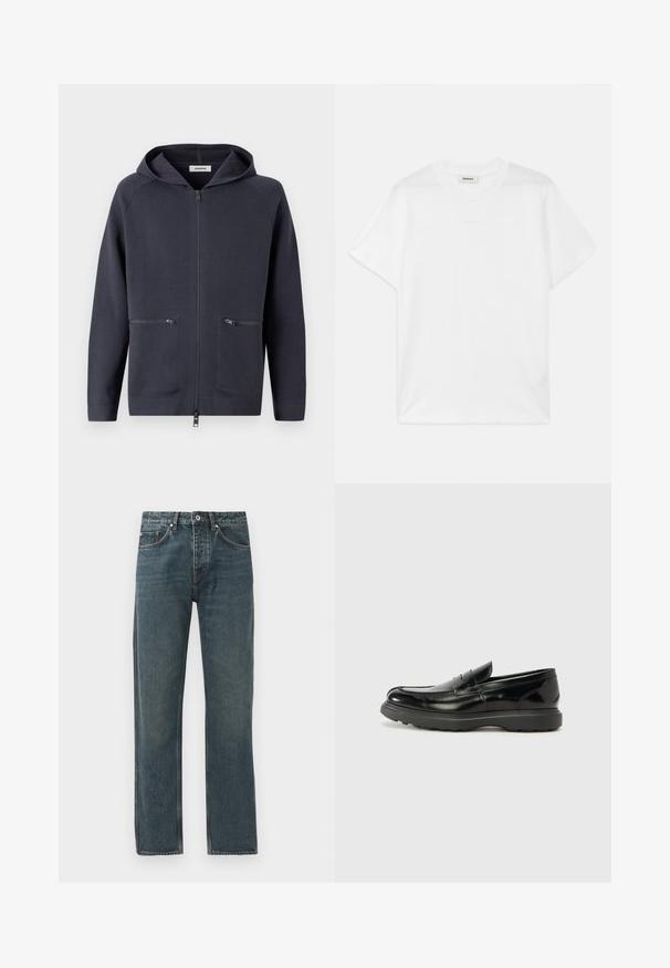 Huvan zip-up jacka i mörk marinblå. Tillverkad av ett mjukt tyg med två framfickor med dragkedja och raglanärmar för ökad flexibilitet.; Vit bomull t-shirt med rund hals, korta ärmar och en subtil logotyp tryckt på framsidan. Slät textur och enkel design.; Mörkblå denimjeans med rak bendesign, som har fem fickor, knappstängning och kontrasterande sömnadsdetaljer.; Svart läderloaferskor med en glänsande yta, rund tå, diskreta söm detaljer och en tjock gummisula för hållbarhet.