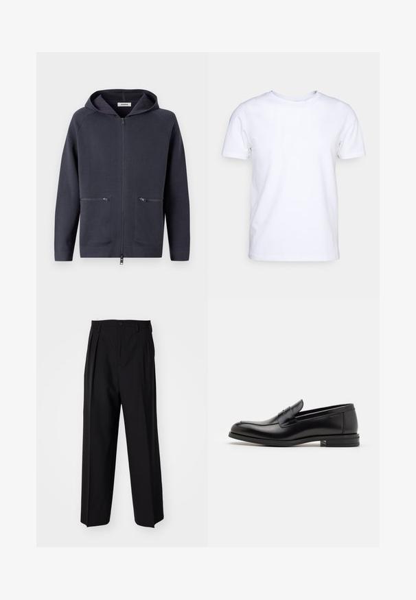 Veste à capuche zippée en bleu marine foncé. Fabriquée en tissu doux, avec deux poches zippées à l'avant et des manches raglan pour plus de flexibilité.; T-shirt blanc à manches courtes en tissu de coton avec un col rond. Design simple sans motifs ni accents. Texture lisse.; Pantalons plissés noirs avec un design droit et large. Fabriqués en tissu lisse, avec une fermeture à bouton et des passants de ceinture.; Mocassins en cuir noir avec une texture lisse, bout rond et une sangle décorative sur le dessus. Talon bas empilé, design minimaliste.