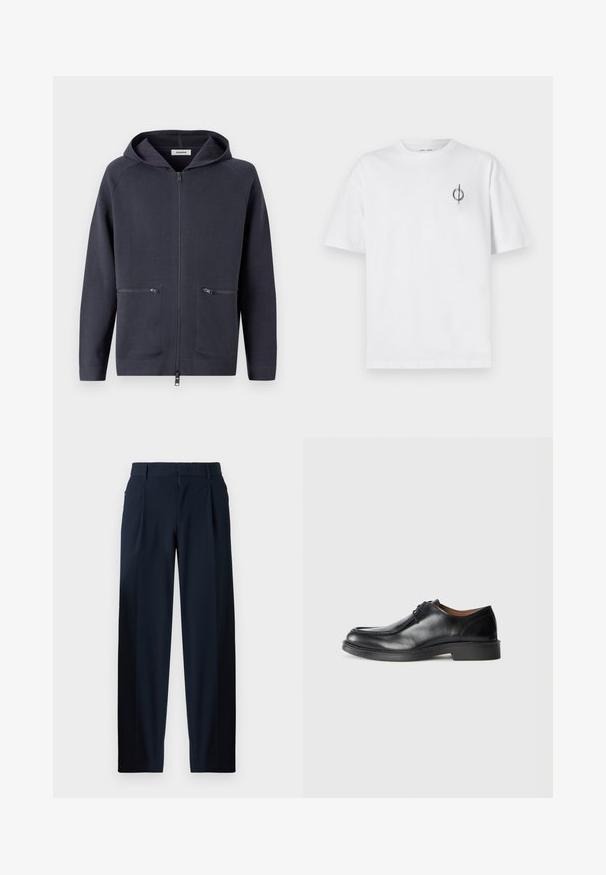 Kapuzensweatjacke in dunkelblau. Hergestellt aus einem weichen Stoff mit zwei frontalen Reißverschlusstaschen und Raglanärmeln für mehr Flexibilität.; Weißes Baumwoll-T-Shirt mit lockerer Passform, das ein kleines schwarzes Grafiklogo auf der linken Brustseite aufweist. Kurze Ärmel, Rundhalsausschnitt.; Marineblaue Hose mit glatter Textur, weiter Beinschnitt, Vorderfalten, Gürtelschlaufen und Reißverschluss. Geeignet für formelle oder lässige Anlässe.; Schwarze Leder-Dressschuhe mit abgerundetem Zehenbereich, glatter Oberfläche, Schnürdetails und einer niedrigen, strukturierten Gummisohle. Saubere Linien und minimalistisches Design.