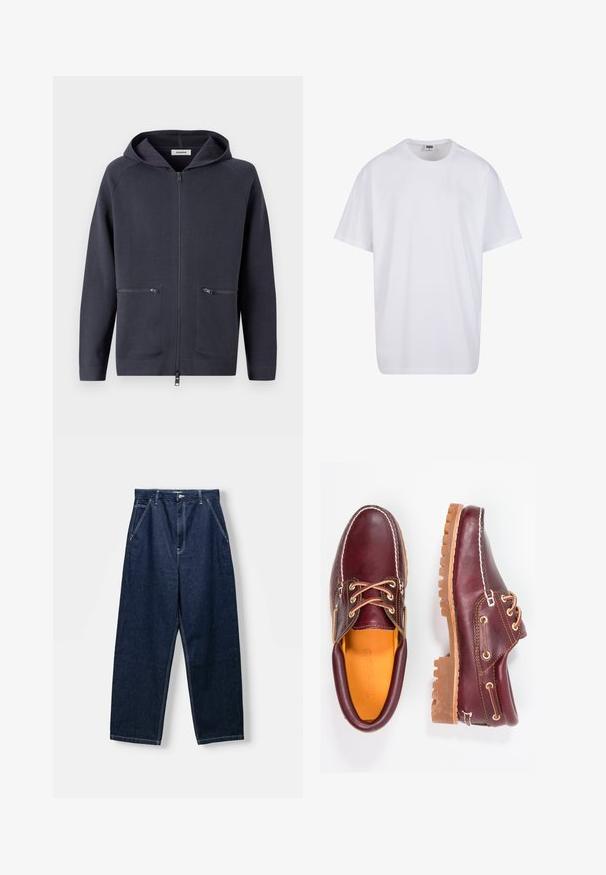 Mikina s kapucňou na zip v tmavom námorníckom odtieni. Vyrobená z mäkkého materiálu, so zipsovými vreckami na prednej strane a raglánovými rukávmi pre väčšiu flexibilitu.; Biela bavlnená tričko s krátkymi rukávmi, okrúhlym výstrihom, uvoľneným strihom a žiadnymi viditeľnými logami alebo vzormi. Hladká textúra a minimálny dizajn.; Tmavomodré, široké džínsy s vysokým pásom, prednými vreckami a viditeľným prešívaním. Tkanina má hladký, pevnú štruktúru.; Bordové kožené topánky s hnedými gumovými podrážkami, okrúhlou špičkou, bielym prešívaním a zlatými kovaniami. Interiér má žlté podšívku.