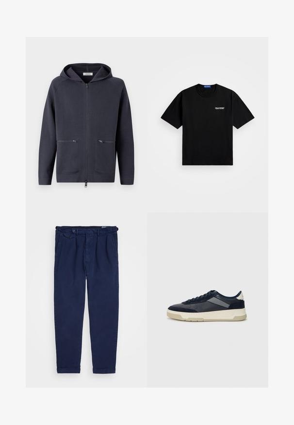 Giacca con cappuccio e zip di un blu scuro. Realizzata in un tessuto morbido, presenta due tasche frontali con zip e maniche raglan per una maggiore flessibilità.; T-shirt in cotone nero con scollo rotondo e maniche corte. Caratterizzato dal logo "POLO SPORT" in bianco sul lato sinistro del petto. Vestibilità standard.; Chino blu navy realizzati in cotone, con taglio dritto, pieghe frontali, chiusura con bottone e orli arrotolati. Tessuto morbido con design minimale.; BOSS BALTIMORE - Sneakers basse - open blue