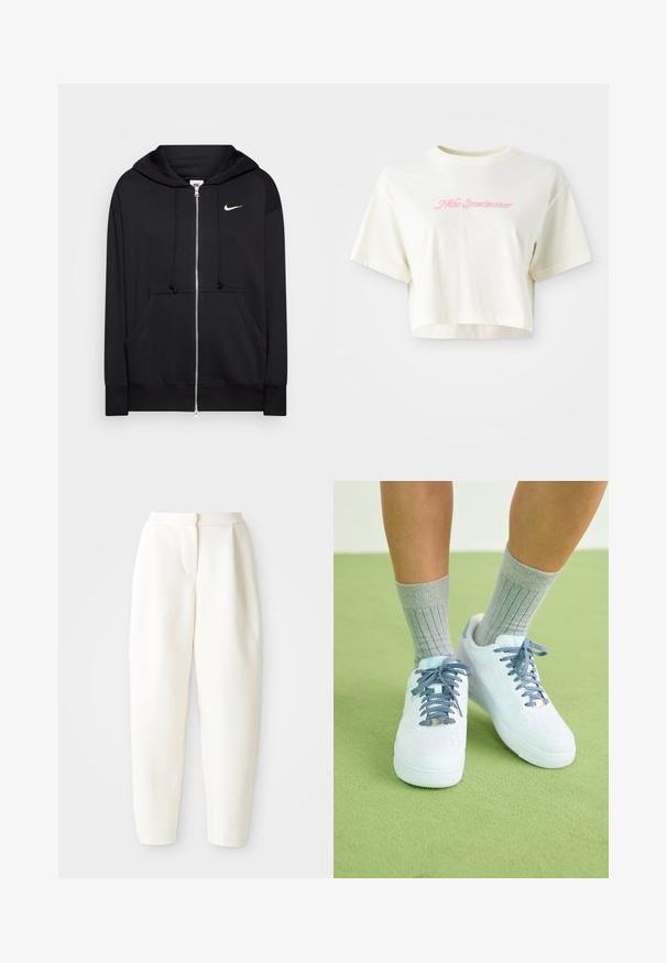 Fekete, cipzáros kapucnis pulóver puha anyagból, kapucnival, elülső zsebekkel, bordázott mandzsettákkal és egy kis fehér Nike logóval a mellkason.; Rövid ujjú, krém színű, pamutból készült póló. A bal mellrészen rózsaszín hímezett logó található, amelyen a "Nike Sportwear" felirat olvasható. Kerek nyakú.; Magas derékú, tapered fehér nadrág, rejtett elülső záródással és oldalsó zsebekkel, sima fehér háttér előtt bemutatva.; Fehér bőr sportcipő kék akcentusokkal, perforált orrdesignnal és texturált kék-fehér cipőfűzőkkel, szürke bordás zoknikkal viselve.