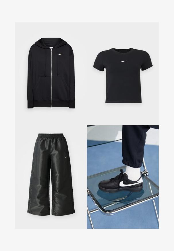 Černá mikina na zip vyrobená z měkké tkaniny, s kapucí, předními kapsami, žebrovanými manžetami a malým bílým logem Nike na hrudi.; Černé tričko s krátkým rukávem vyrobené z bavlny s kulatým výstřihem. Na hrudi se nachází bílé logo Nike, minimalistický design a přiléhavý střih.; Černé sportovní kalhoty z lesklé, hladké látky, s elastickým páskem, širokými nohavicemi a malým logem na levé straně.; Černé tenisky Nike s bílými akcenty, s hladkou koženou texturou, šněrovacím designem a zaoblenou špičkou, umístěné na skleněné židli.