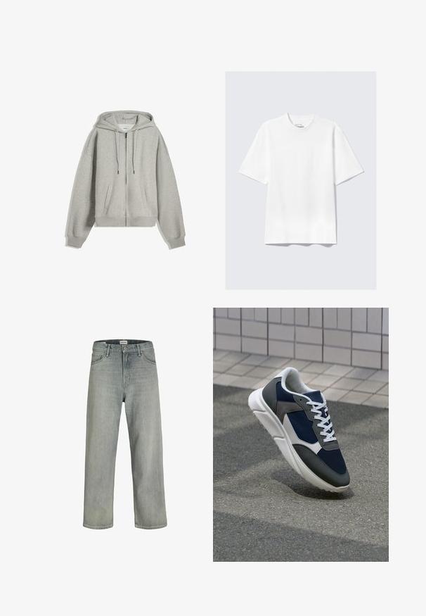 Šedá mikina na zips vyrobená z mäkkého bavlneného zloženia. Obsahuje veľkú kapucňu, šnúrky na stiahnutie a postranné vrecká. Voľný strih s rebrovanými manžetami.; Jednoduché biele tričko s krátkym rukávom a voľným strihom položené na svetlošedom pozadí.; Svetlošedé džíny vo voľnom strihu vyrobené z denimu. Obsahujú klasický dizajn s piatimi vreckami, pútka na opasok a strih rovného nohavice.; Tenisky s sieťovinou v námorníckej modrej farbe, so sivými semišovými detailmi, bielou gumovou podrážkou a plochými bielymi šnúrkami, navrhnuté pre pohodlie a priedušnosť.