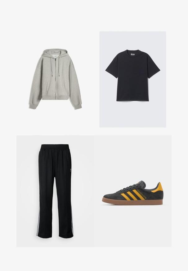 Felpa grigia con zip realizzata in un morbido mix di cotone. Caratterizzata da un grande cappuccio, cordini e tasche laterali. Vestibilità comoda con polsini a costine.; T-shirt in cotone nero con un classico collo a giro, maniche corte e vestibilità rilassata. Texture liscia con dettagli di cucitura minimi.; Pantaloni da allenamento neri con elastico in vita, dotati di bande laterali bianche e un piccolo logo. Il materiale sembra morbido e leggero.; Sneaker in suede nero con dettagli gialli, dotato di tre strisce e una suola in gomma marrone. Include una linguetta imbottita per il comfort.