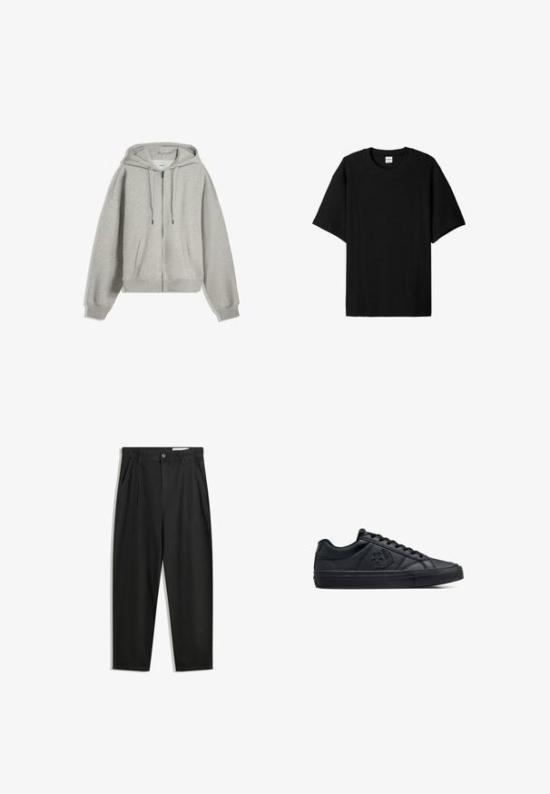 Felpa grigia con zip realizzata in un morbido mix di cotone. Caratterizzata da un grande cappuccio, cordini e tasche laterali. Vestibilità comoda con polsini a costine.; Maglietta nera a maniche corte con collo rotondo, caratterizzata da una vestibilità rilassata e una superficie testurizzata. Design semplice; senza grafiche o accenti.; Pantaloni in cotone neri con una vestibilità rilassata, dotati di una vita classica, pieghe frontali e tasche laterali. Tessuto liscio senza fantasie.; Sneaker neri a basse con tomaia in pelle liscia e suola in gomma testurizzata, dotati di lacci tondi e logo a stella sul lato.