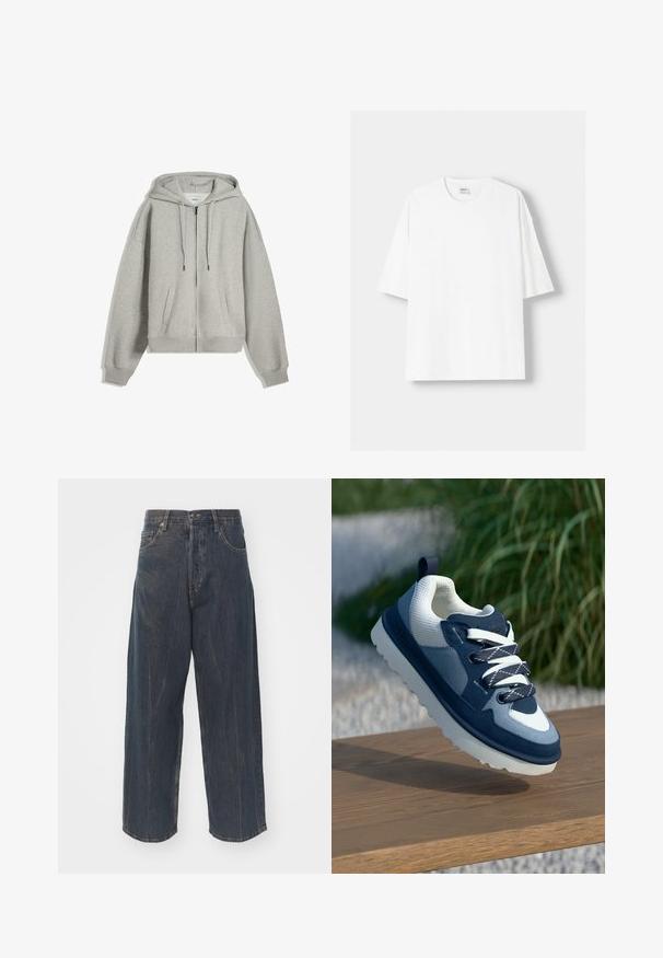 Grey zip-up hoodie made from soft cotton blend. Features a large hood, drawstrings, and side pockets. Relaxed fit with ribbed cuffs.; White short-sleeved t-shirt made from cotton, featuring a round neckline and a relaxed fit. Smooth texture, with no visible patterns or accents.; Wide-leg dark blue denim jeans with subtle distressed texture, five pockets, and a classic button and zipper closure at the waist.; Blue and white sneaker with a mesh upper, suede accents, round laces, and a chunky white sole, suspended above a wooden surface.