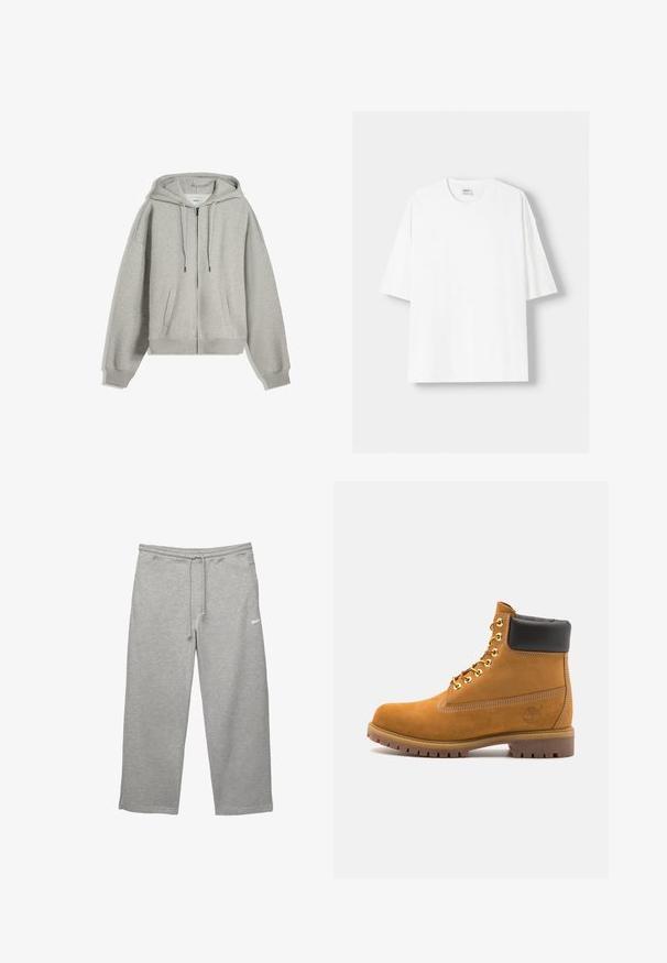 Šedá mikina na zips vyrobená z mäkkého bavlneného zloženia. Obsahuje veľkú kapucňu, šnúrky na stiahnutie a postranné vrecká. Voľný strih s rebrovanými manžetami.; Biela tričko s krátkym rukávom vyrobené z bavlny, s okrúhlym výstrihom a voľným strihom. Hladká textúra, bez viditeľných vzorov alebo akcentov.; Sivé tepláky vyrobené z mäkkej tkaniny s elastickým pásom, nastaviteľnou šnúrkou v páse a bočnými vreckami. Obsahujú malé biele logo.; Tyrkysové semišové členkové topánky s čiernym polstrovaným golierom, zlatými kovovými očkami, bielym prešívaním a robustnou gumovou podrážkou s výraznými drážkami.