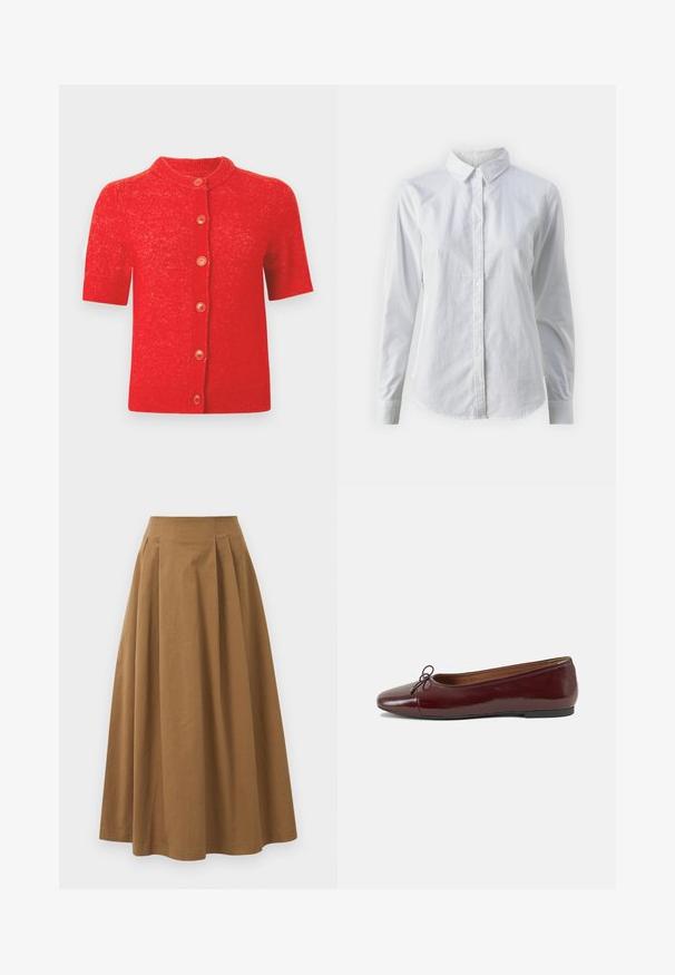Rød cardigan med kort erme og rund hals, med seks oransje knapper foran og en lett teksturert strikk.; Hvit skjorte med knapper laget av glatt bomull, med klassisk krage, lange ermer og buet skjær. Knapper er små og hvite.; Brun bomull A-linje skjørt med høy midje, med folder foran og en jevn tekstur. Kantene er rene og enkle.; Burgunderrød lakk lær ballettleilighet med rund tå, liten sløyfe foran og en lav, svart gummisåle. Glatt tekstur.