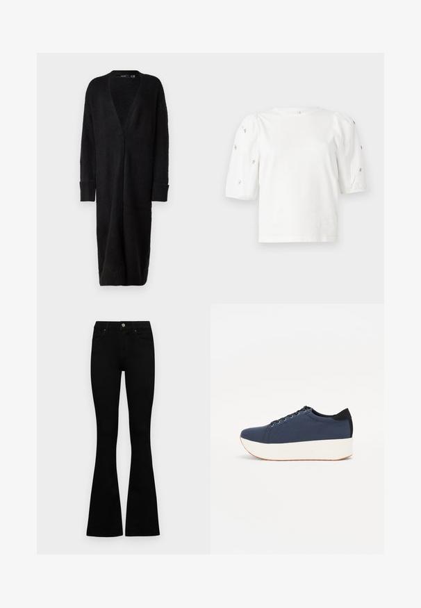 Vero Moda VMPHILLIS LONG OPEN - Kardiganas - black; Balta medvilnės marškinėliai trumpomis pūstomis rankovėmis, papuošti mažomis sidabrinėmis detalėmis ant rankovių. Klasikinis apvalus iškirpimas, laisvas siluetas.; Juodos aukšto liemens džinsai su mygtuku ir užtrauktuku, priekinėmis kišenėmis ir platėjančiomis kojomis, išdėstyti ant baltos fono.; Tamsiai mėlynas sportinis batelis su tekstūruotu audiniu viršuje, baltu platformos padu, apvaliu pirštu ir juodu kulno akcentu.š. Yra šešios skylės raišteliams.