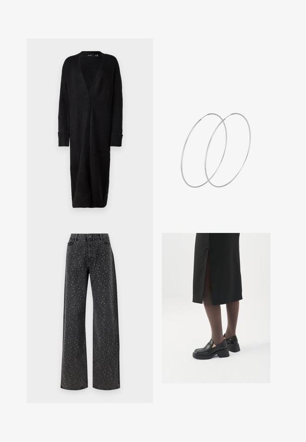 Vero Moda VMPHILLIS LONG OPEN - Cardigan - black; Black bodysuit with long sleeves, featuring a mesh V-neckline and gathered shoulder detail. Smooth fabric with a fitted shape.; Noisy May NMJANNEL LOOSE - Relaxed fit jeans - black denim; Black leather shoes with a rounded toe, thick block heel, and elastic side accents, paired with dark tights and a black skirt with a slit.; Silver hoop earrings with a minimalist design. Circular shape, smooth texture, and thin profile. Lightweight with a polished finish.