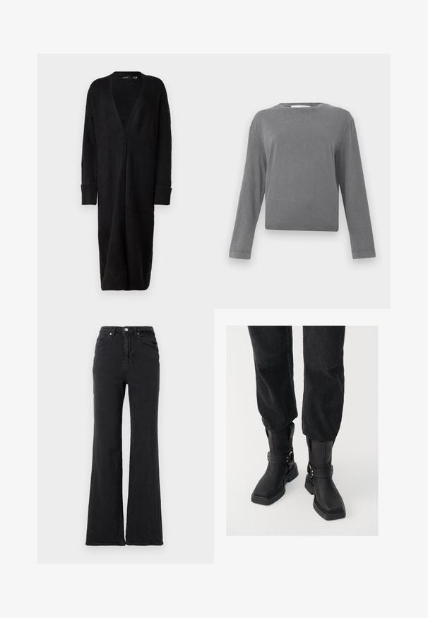 Vero Moda VMPHILLIS LONG OPEN - Kofta - black; Långärmad, enfärgad grå crewneck-tröja med en lätt tvättad tygtextur, uppvisad mot en vit bakgrund.; Svarta högmidjade denimjeans med utsvängd ben, framknäppning och femfickorsdesign mot en helt vit bakgrund.; Svarta läderankelstövlar med fyrkantig tå, som har ett brett rem och metallspänne som detalj. Stövlarna har en kraftig sula och en slät textur.