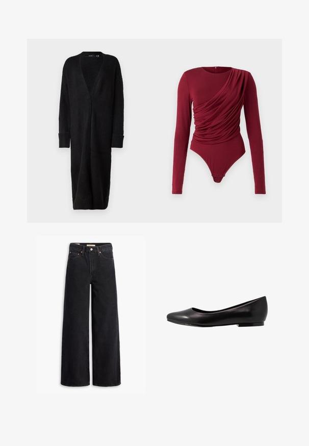 Vero Moda VMPHILLIS LONG OPEN - Kardigán - black; Dlhý rukáv body v tmavo červenej farbe, s drapériou, hlbokým výstrihom a patentkami na spodnej strane, vyrobené z jemného elastického materiálu.; Čierne nohavice s voľným strihom vyrobené z denimu, obsahujúce päť vreciek, medené nitky a klasické zapínanie na gombík. Hladká textúra s čistým dizajnom.; Čierne baleríny vyrobené z lesklej kože s okrúhlou špičkou a nízkou plochou podrážkou. Majú hladkú textúru s jednoduchým a elegantným dizajnom.