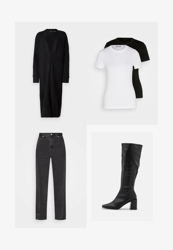 Vero Moda VMPHILLIS LONG OPEN - Cardigan - black; Due magliette a maniche corte in bianco e nero. Realizzate in cotone morbido, presentano un classico scollo rotondo e una vestibilità regolare.; Jeans in denim nero a gamba dritta con vita alta, bottone e cerniera frontali, e cinque tasche su uno sfondo bianco.; RAID BLICK - Stivali alti - black