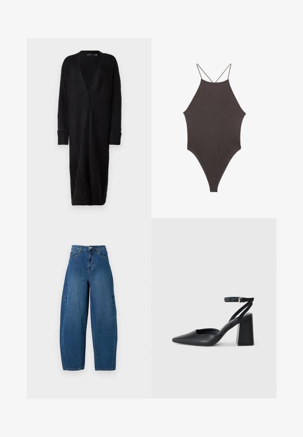 Vero Moda VMPHILLIS LONG OPEN - Strickjacke - black; Brauner, hochgeschlossener Badeanzug mit dünnen, verstellbaren Trägern; zeichnet sich durch einen hohen Beinschnitt und eine glatte Textur aus. Keine Muster oder Verzierungen.; Denimjeans in einer mittleren blauen Waschung, mit hoher Taille, weit geschnittenem Bein und dem typischen fünf Taschen Design mit sichtbaren Nahtdetails.; Schwarze Leder-Pumps mit spitzer Zehe, einem Knöchelriemen und einem blockigen Absatz. Flache Textur, elegantes Design und minimalistische Ästhetik.