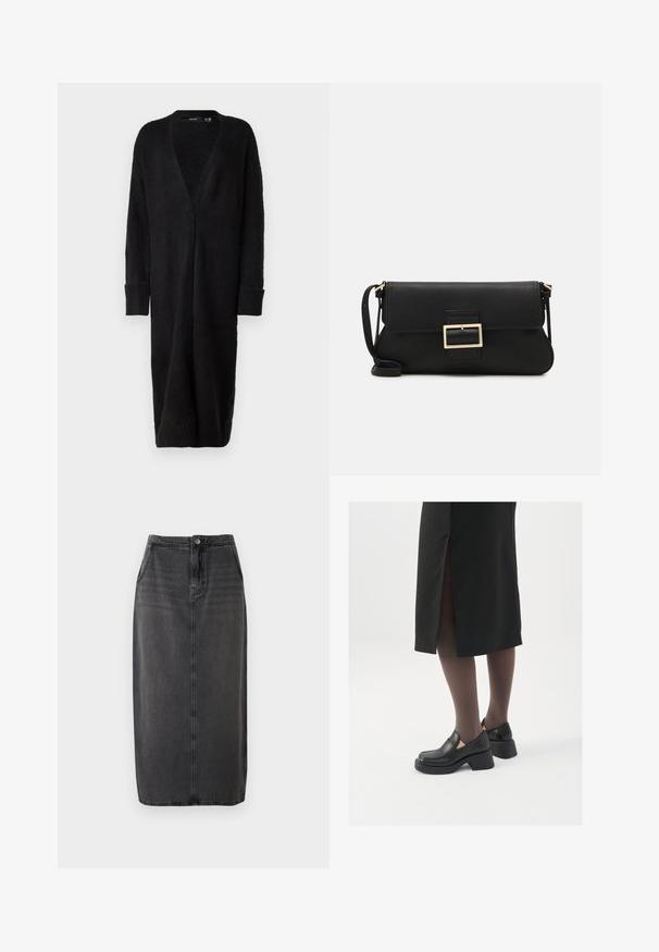 Vero Moda VMPHILLIS LONG OPEN - Adīta jaka - black; Balta bezpiedurkņu topiņš no ribotā auduma, ar noapaļotu kakla izgriezumu un pieguļošu siluetu, ar minimālām šuvēm un bez rotājumiem.; Melnas džinsīgas midi svārki ar taisnu griezumu, priekšējo pogu aizdari un sānu kabatām. Raksturīga gluda tekstūra un viegla izbalēšana.; Melni ādas apavi ar noapaļotu purngalu, biezām bloku papēžiem un elastīgiem sānu akcentiem, apvienoti ar tumšām zeķubiksēm un melnu svārku ar šķirbu.; Melnas ādas saķeres soma ar atloku un zelta metāla sprādzi. Ietver melnu siksnu un elegantu, minimālistisku dizainu.