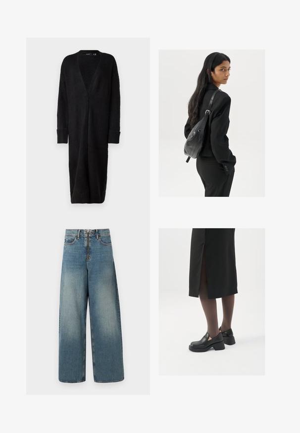 Vero Moda VMPHILLIS LONG OPEN - Cardigan - black; Top senza maniche bianco realizzato in tessuto a coste, caratterizzato da un collo arrotondato e una silhouette aderente, con cuciture minime e senza decorazioni.; Jeans in denim a gamba larga in un lavaggio blu chiaro. Presentano una chiusura con zip e bottone, e un leggero sbiadimento per un effetto usurato.; Scarpe in pelle nera con punta arrotondata, tacco spesso a blocco e accenti laterali in elastico, abbinate a collant scuri e una gonna nera con uno spacco.; Donna con lunghi capelli scuri, vestita con un completo nero, che porta una borsa a tracolla in pelle nera, mentre guarda oltre la spalla su uno sfondo bianco.