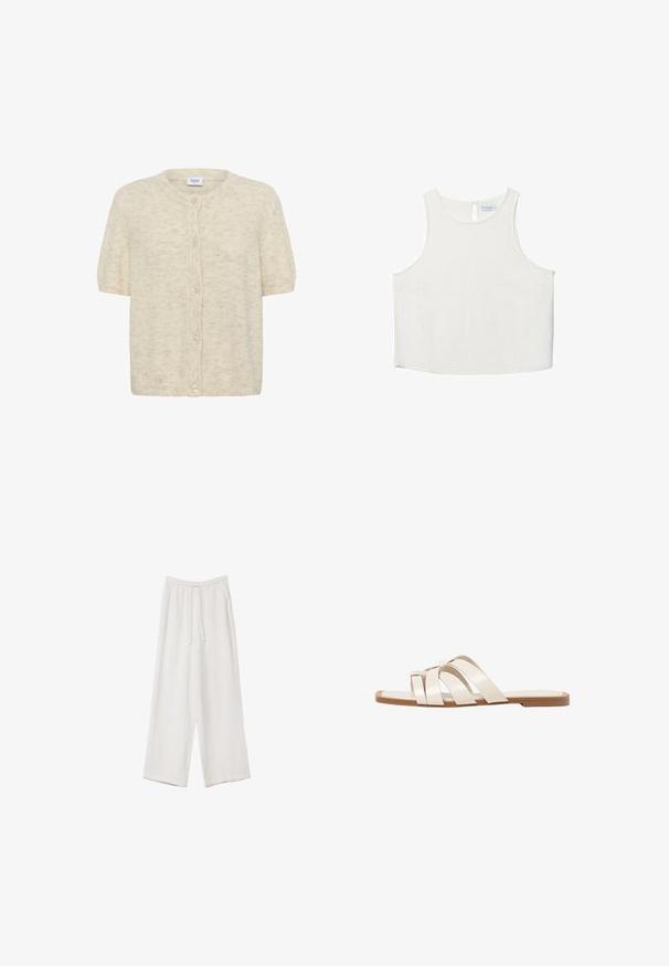 Kortärmad, krämfärgad cardigan gjord av ett mjukt, texturerat tyg med rund halsringning och sex knappstängningar fram.; Vit ärmlös topp med rundad halsringning, featuring en subtil textur, detalj med nyckelhål i ryggen och rak nederkant.; Vita vida byxor i vid passform gjorda av ett lättviktsmaterial. Har en elastisk midja med dragsko och sidofickor. Slät textur.; Platta sandaler med en brun gummisula, designade med tre överlappande vita läderspännen och en liten rosett i mitten.